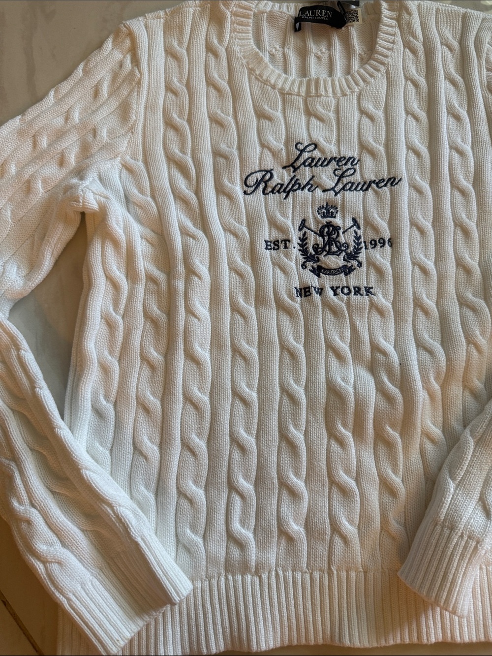 Lauren Ralph Lauren White Cable-Knit Crewneck Sweater with Navy Crest - Picture 3 of 4